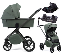 Детская коляска Peppy Monaco Plus 4 в 1 с автокреслом Verona Black и базой Oliva Green (зеленый), рама серая