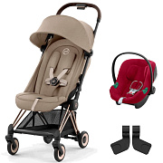 Коляска Cybex Coya Rosegold Frame Aton B2 i-Size Dynamic Red 2 в 1 Cozy Beige с дождевиком и бампером