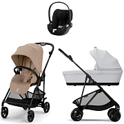 Коляска Cybex Melio Carbon Cloud T i-Size Sepia Black 3 в 1 Almond Beige с дождевиком/Fog Grey