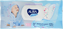 Детские влажные салфетки Aura Ultra Comfort с алоэ и витамином Е 120 шт с крышкой