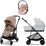 Коляска Cybex Melio Carbon Cloud T i-Size Peach Pink Plus 3 в 1 Almond Beige с дождевиком/Fog Grey