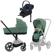 Коляска Cybex Priam IV Chrome Brown complete Aton S2 Ocean Blue Base One 4 в 1 Leaf Green
