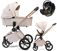 Детская коляска Peppy Monaco Plus 3 в 1 с автокреслом First Black Beige (бежевый), рама беж, шлифованный алюминий