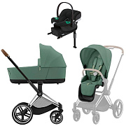 Коляска Cybex Priam IV Chrome Brown complete Aton B2 Volcano Black Base One 3 в 1 Leaf Green