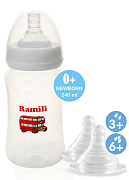 Противоколиковая бутылочка Ramili Baby 240 мл. с тремя сосками 0+, 3+ и 6+ (240MLBT100ML, слабый, средний и быстрый поток)