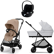 Коляска Cybex Melio Carbon Cloud T i-Size Sepia Black Plus 3 в 1 Almond Beige с дождевиком/Fog Grey