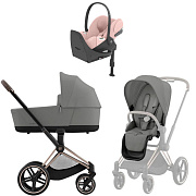 Коляска Cybex Priam IV Rosegold complete Cloud T Peach Pink Plus Base T 3 в 1 Mirage Grey