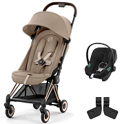 Коляска Cybex Coya Rosegold Frame Aton B2 i-Size Volcano Black 2 в 1 Cozy Beige с дождевиком и бампером