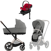 Коляска Cybex Priam IV Rosegold complete Aton B2 Dynamic Red Base One 4 в 1 Mirage Grey