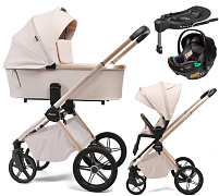 Детская коляска Peppy Monaco Plus 4 в 1 с автокреслом First Black и базой Beige (бежевый), рама беж, шлифованный алюминий