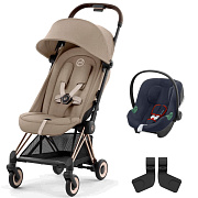 Коляска Cybex Coya Rosegold Frame Aton B2 i-Size Bay Blue 2 в 1 Cozy Beige с дождевиком и бампером