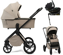 Детская коляска Peppy Monaco Plus 4 в 1 с автокреслом Jet Black и базой Sandstone (песочный), рама черная