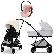 Коляска Cybex Melio Carbon Cloud T i-Size Peach Pink Plus 3 в 1 Canvas White с дождевиком/Fog Grey