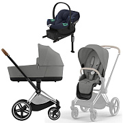 Коляска Cybex Priam IV Chrome Brown complete Aton S2 Ocean Blue Base One 4 в 1 Mirage Grey