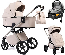 Детская коляска Peppy Monaco Plus 4 в 1 с автокреслом Welldon Crown 2 Grey и базой Cream (кремовый), рама бежевая