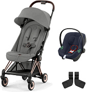 Коляска Cybex Coya Rosegold Frame Aton B2 i-Size Bay Blue 2 в 1 Mirage Grey с дождевиком и бампером