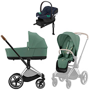 Коляска Cybex Priam IV Chrome Brown complete Aton B2 Bay Blue Base One 3 в 1 Leaf Green