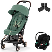 Коляска Cybex Coya Rosegold Frame Aton S2 i-Size Moon Black 2 в 1 Leaf Green с дождевиком и бампером