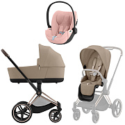 Коляска 3 в 1 Cybex Priam IV Rosegold complete и автокресло Cloud T i-Size Peach Pink Plus Cozy Beige