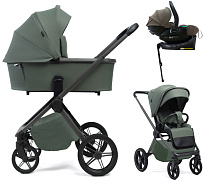 Детская коляска Peppy Monaco Plus 4 в 1 с автокреслом Jet Brown и базой Oliva Green (зеленый), рама серая