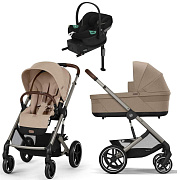 Коляска Cybex Balios S Lux TPE complete Aton S2 Moon Black Base One 4 в 1 Almond Beige с дождевиками