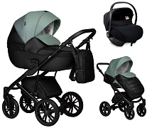 Детская коляска Indigo Mio Eco 3 в 1 с автокреслом Avionaut Cosmo Black 05 черная кожа+шалфей кожа
