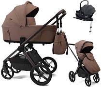 Детская коляска Peppy Soho 4 в 1 с автокреслом Jovikids Aria Black и базой Cappuccino (капучино) рама шоколад