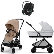 Коляска Cybex Melio Carbon Aton B2 i-Size Volcano Black 3 в 1 Almond Beige с дождевиком/Fog Grey
