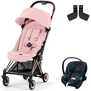 Коляска Cybex Coya Rosegold Frame Aton S2 i-Size Ocean Blue 2 в 1 Peach Pink с дождевиком и бампером