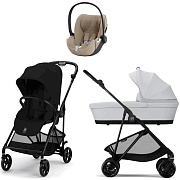 Коляска Cybex Melio Carbon Cloud T i-Size Cozy Beige Plus 3 в 1 Magic Black с дождевиком/Fog Grey