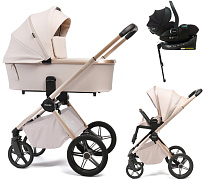 Детская коляска Peppy Monaco Plus 4 в 1 с автокреслом Jet Black и базой Beige (бежевый), рама беж, шлифованный алюминий
