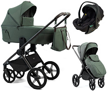 Детская коляска Peppy Monaco Thermo 3 в 1 с автокреслом Jet Black Green (зеленый), рама серо-коричневая