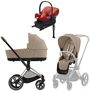 Коляска Cybex Priam IV Rosegold complete Aton S2 Hibiscus Red Base One 4 в 1 Cozy Beige