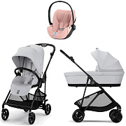 Коляска Cybex Melio Carbon Cloud T i-Size Peach Pink Plus 3 в 1 Fog Grey с дождевиком
