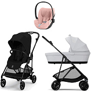 Коляска Cybex Melio Carbon Cloud T i-Size Peach Pink Plus 3 в 1 Magic Black с дождевиком/Fog Grey
