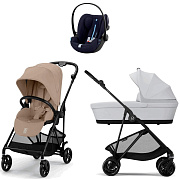 Коляска Cybex Melio Carbon Cloud G i-Size Ocean Blue Plus 3 в 1 Almond Beige с дождевиком/Fog Grey