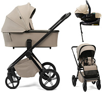 Детская коляска Peppy Monaco Plus 4 в 1 с автокреслом Jet Beige и базой Sandstone (песочный), рама черная
