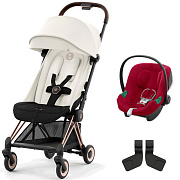 Коляска Cybex Coya Rosegold Frame Aton B2 i-Size Dynamic Red 2 в 1 Off White с дождевиком и бампером