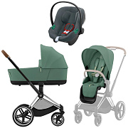 Коляска 3 в 1 Cybex Priam IV Chrome Brown complete и автокресло Aton B2 i-Size Steel Grey Leaf Green