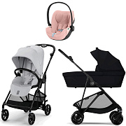 Коляска Cybex Melio Carbon Cloud T i-Size Peach Pink Plus 3 в 1 Fog Grey/Magic Black с дождевиками