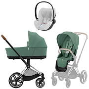 Коляска 3 в 1 Cybex Priam IV Chrome Brown complete и автокресло Cloud T i-Size Platinum White Plus Leaf Green