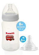 Противоколиковая бутылочка Ramili Baby 240 мл. с двумя сосками 0+ и 6+ (240MLBT100L, слабый и быстрый поток)