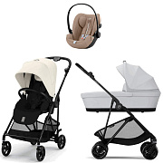 Коляска Cybex Melio Carbon Cloud G i-Size Almond Beige Plus 3 в 1 Canvas White с дождевиком/Fog Grey