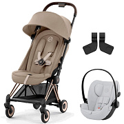 Коляска Cybex Coya Rosegold Frame Cloud G i-Size Fog Grey 2 в 1 Cozy Beige с дождевиком и бампером