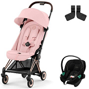 Коляска Cybex Coya Rosegold Frame Aton S2 i-Size Moon Black 2 в 1 Peach Pink с дождевиком и бампером