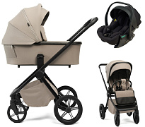 Детская коляска Peppy Monaco Plus 3 в 1 с автокреслом Jet Black Sandstone (песочный), рама черная