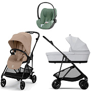 Коляска Cybex Melio Carbon Cloud T i-Size Leaf Green Plus 3 в 1 Almond Beige с дождевиком/Fog Grey