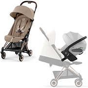 Коляска Cybex Coya Rosegold Frame Cloud T i-Size Platinum White Plus 2 в 1 Cozy Beige с дождевиком и бампером