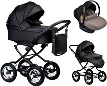 Детская коляска Indigo Barbara Eco Classic 3 в 1 с автокреслом Avionaut Cosmo Beige Be03 черная кожа