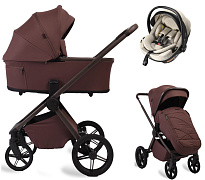 Детская коляска Peppy Monaco Plus 3 в 1 с автокреслом Welldon Crown 2 Beige Burgundy (винный), рама коричневая